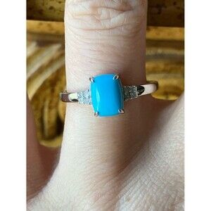 Natural Sleeping Beauty Turquoise White Diamond Sterling Silver Ring Size 8